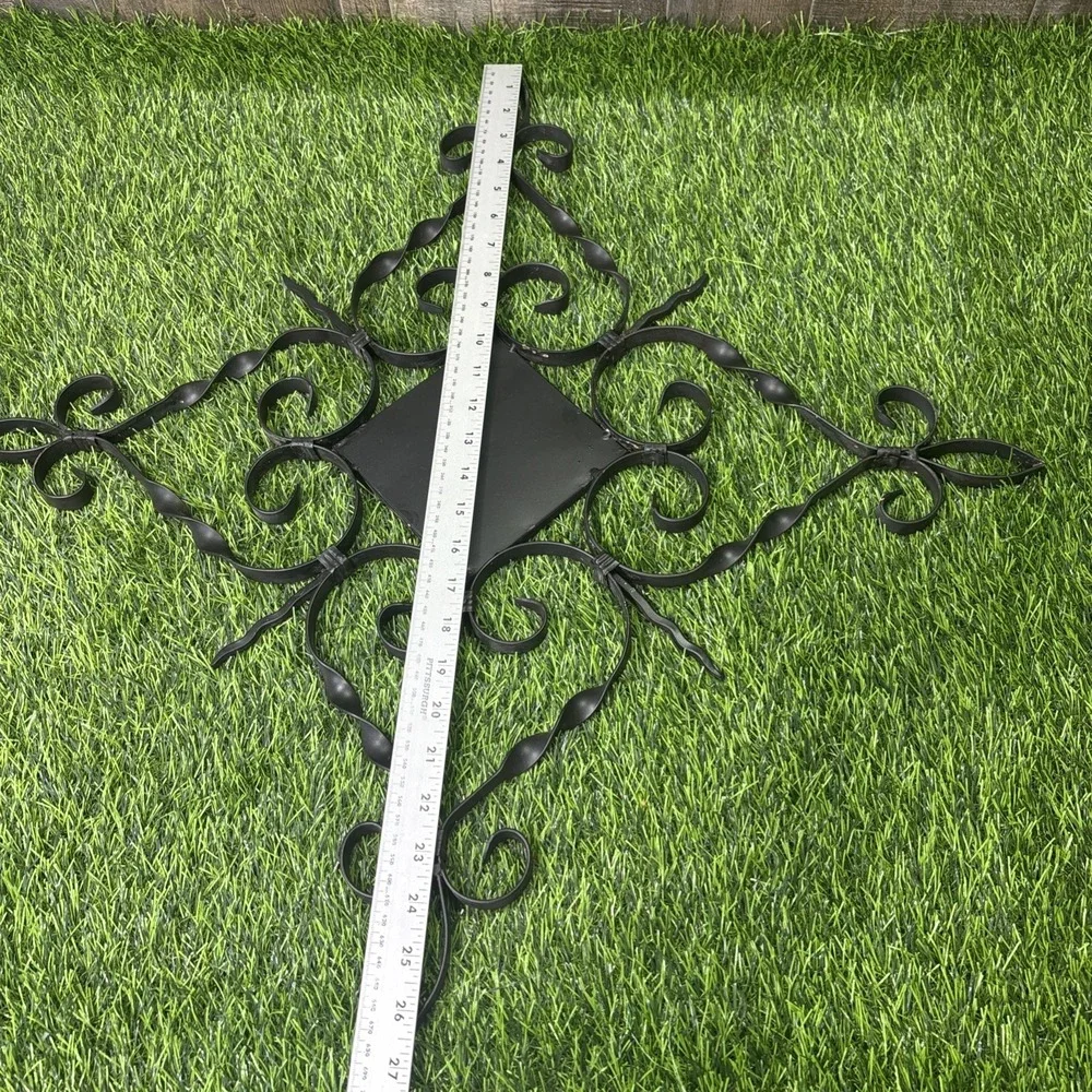 Large Wrought Iron Wall Decor Black Metal Scroll Carved Wood Medallion Hanging